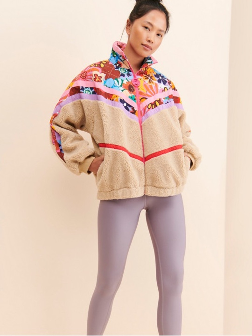 CELIAB Bia Fleece Jacket Neutral Fleece Sherpa with Floral Yoke Sz: XL